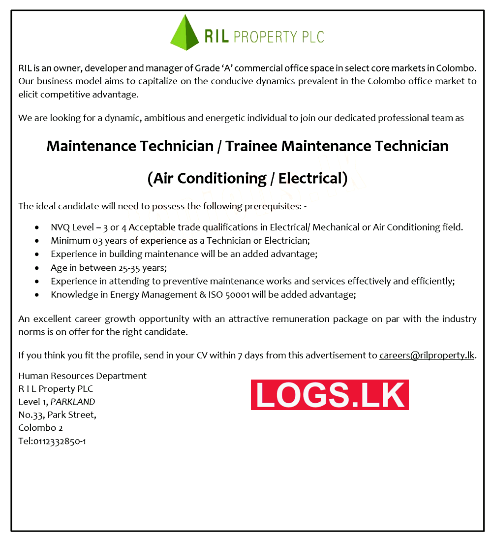 Maintenance Technician Job Vacancy at RIL Property PLC Job Vacancies