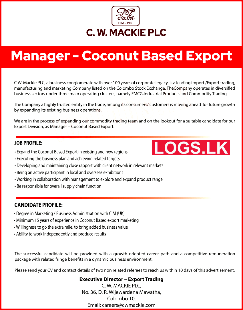 Coconut Based Export Manager Job Vacancy at C W Mackie PLC Job Vacancies