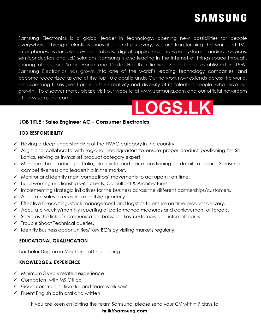 Sales Engineer AC Job Vacancy at Samsung Electronics Sri Lanka Job Vacancies