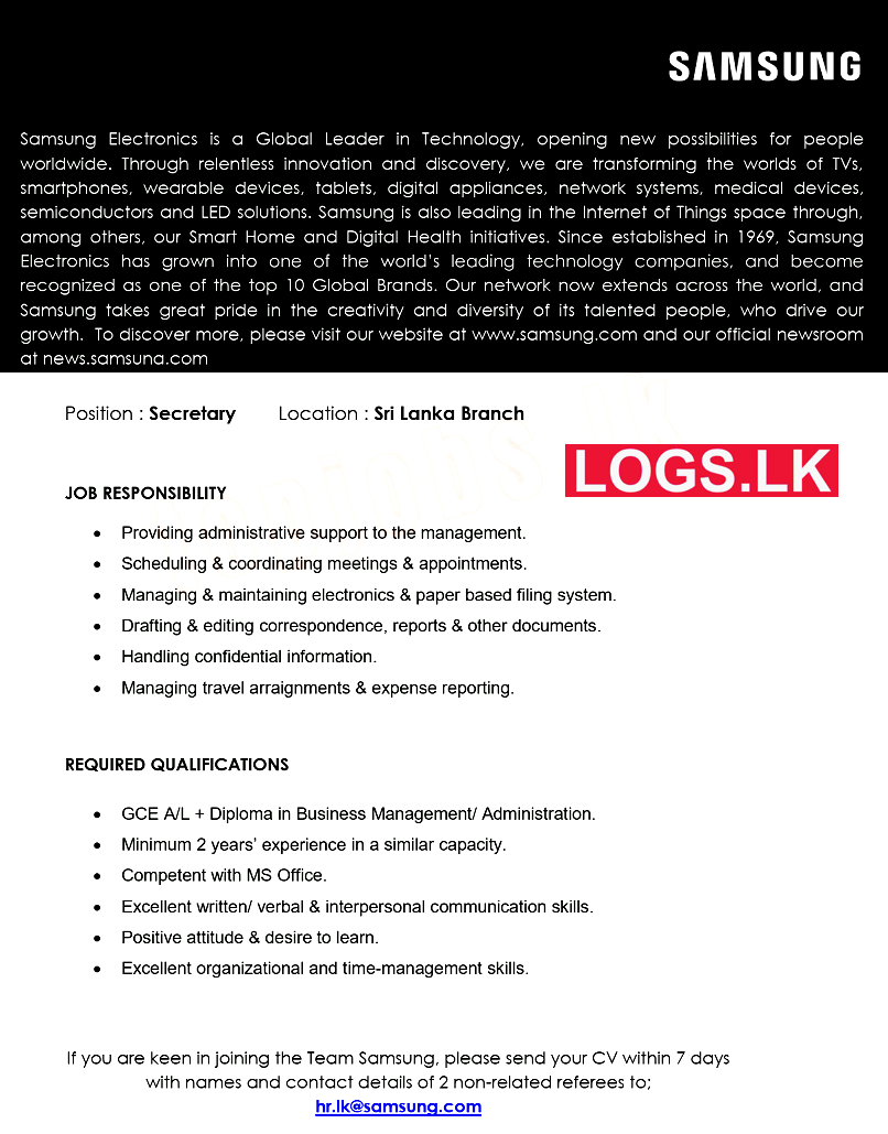 Secretary Job Vacancy at Samsung Electronics Sri Lanka Job Vacancies