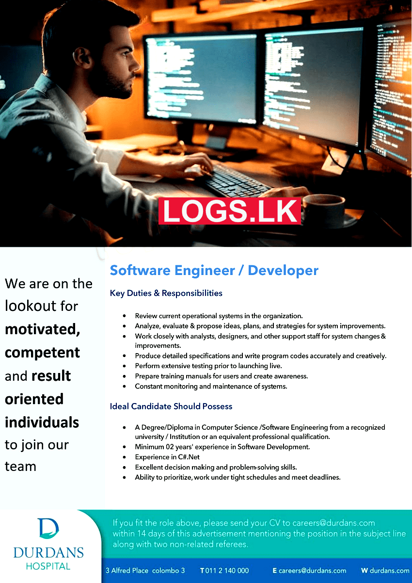 Software Engineer/ Developer Job Vacancy at Durdans Hospital Sri Lanka Job Vacancies
