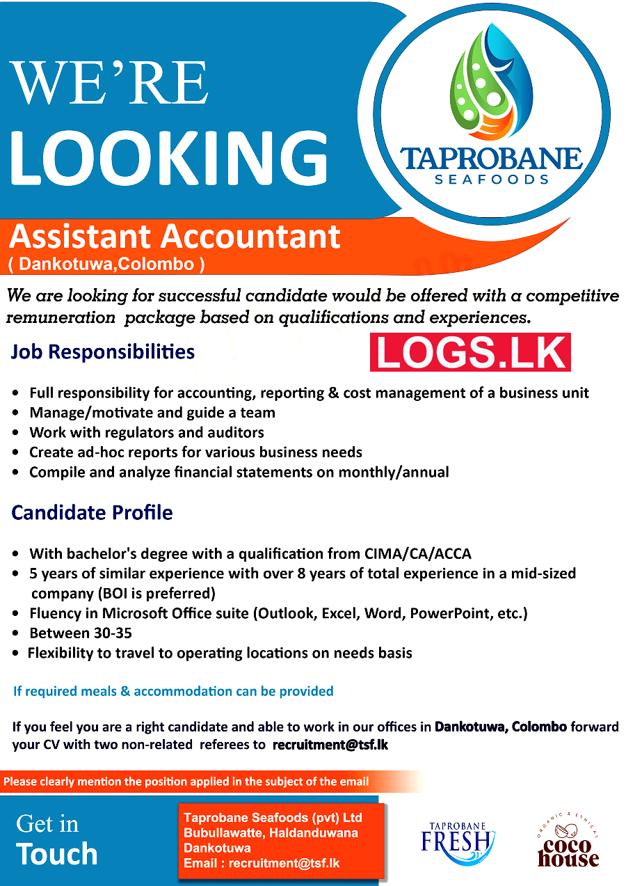 Assistant Accountant Vacancy at Taprobane Seafoods (Pvt) Ltd Job Vacancies