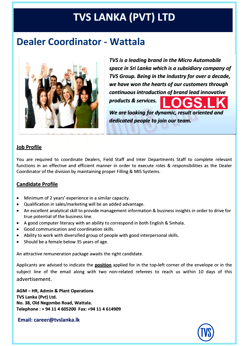 Dealer Coordinator Job Vacancy at TVS Lanka (Pvt) Ltd Job Vacancies