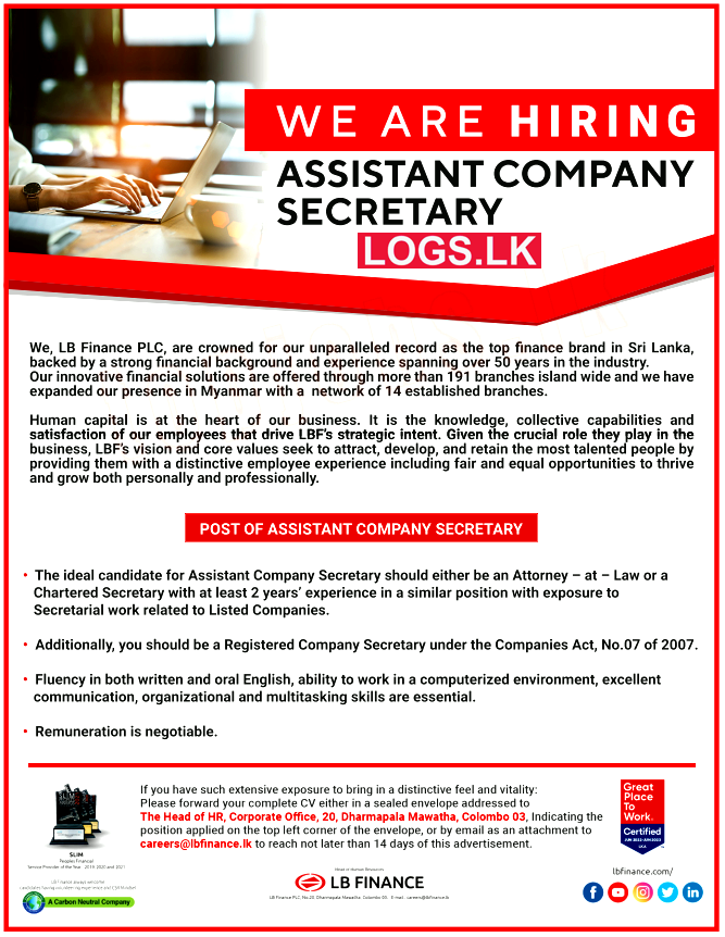 Assistant Company Secretary Job Vacancy at LB Finance Sri Lanka Application, Details Download