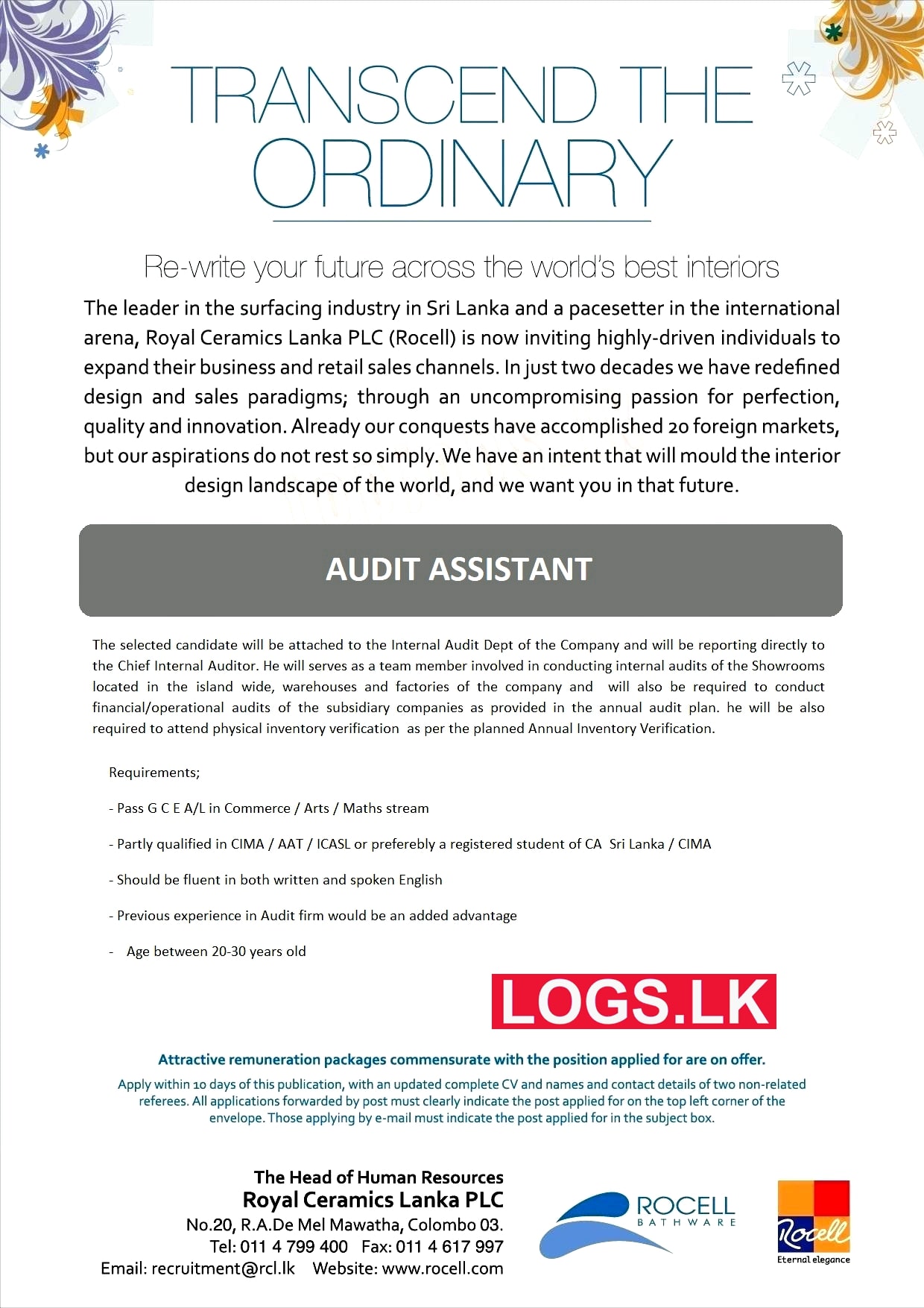 Audit Assistant Job Vacancy at Royal Ceramics Lanka Application, Details Download