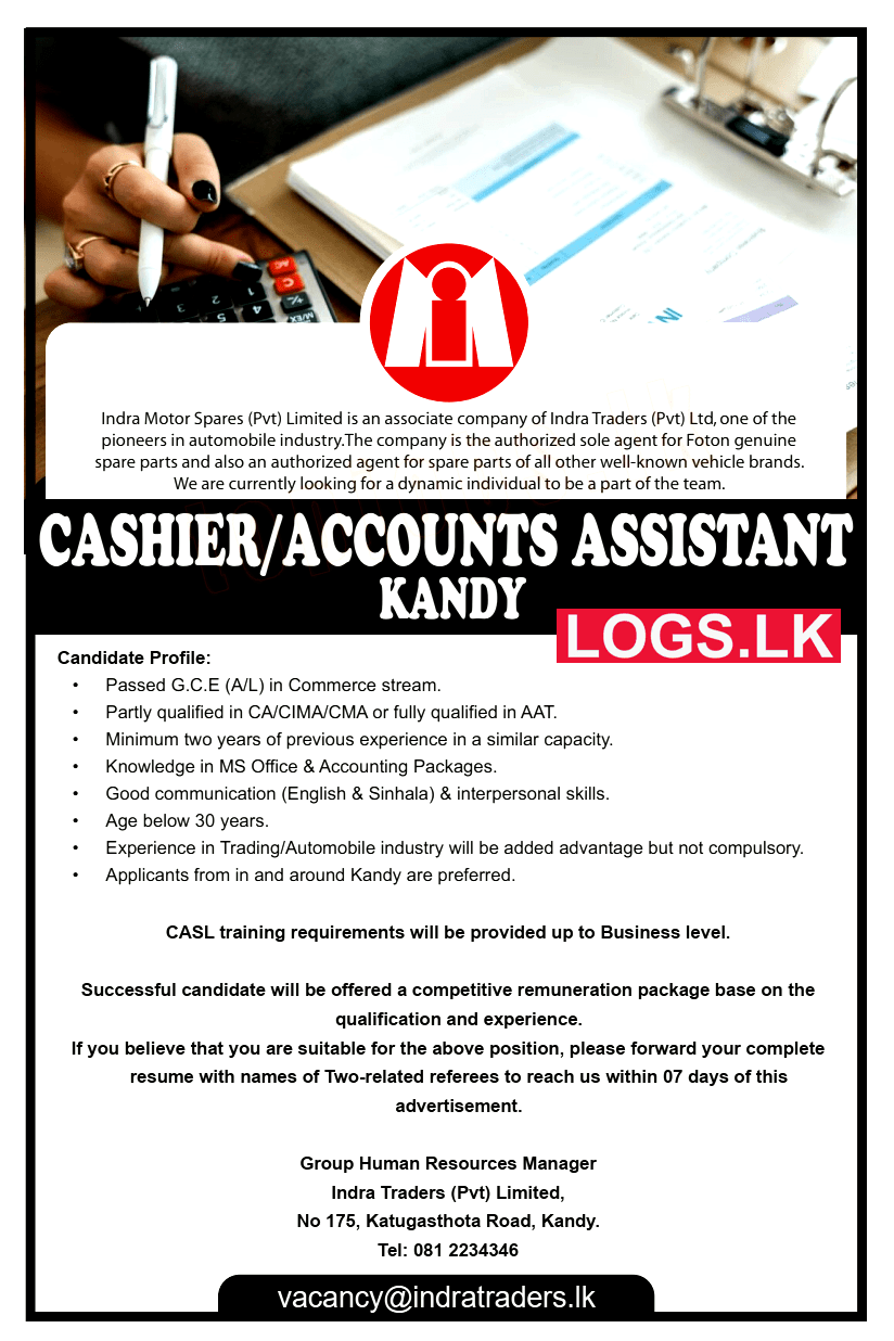 Cashier / Accounts Assistant Job Vacancy at Indra Traders (Pvt) Ltd Job Vacancies