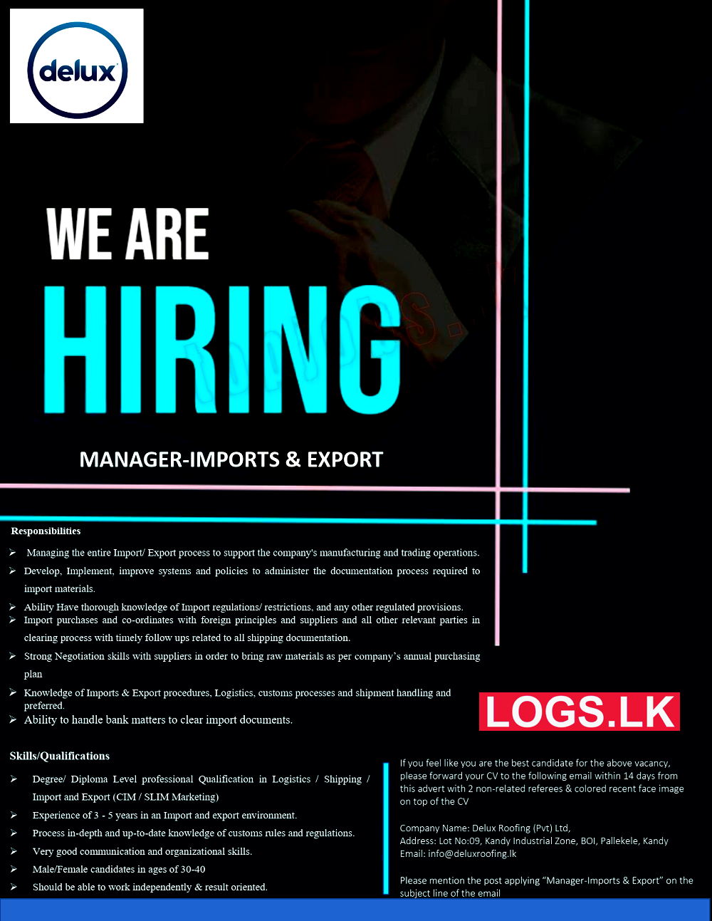 Imports & Export Manager Job Vacancy at Delux Roofing (Pvt) Ltd Job Vacancies