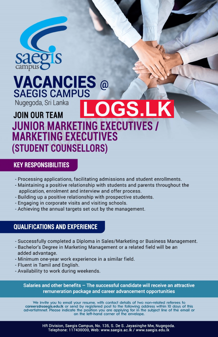 Marketing Executive Job Vacancies at Saegis Campus (Pvt) Ltd Job Vacancies