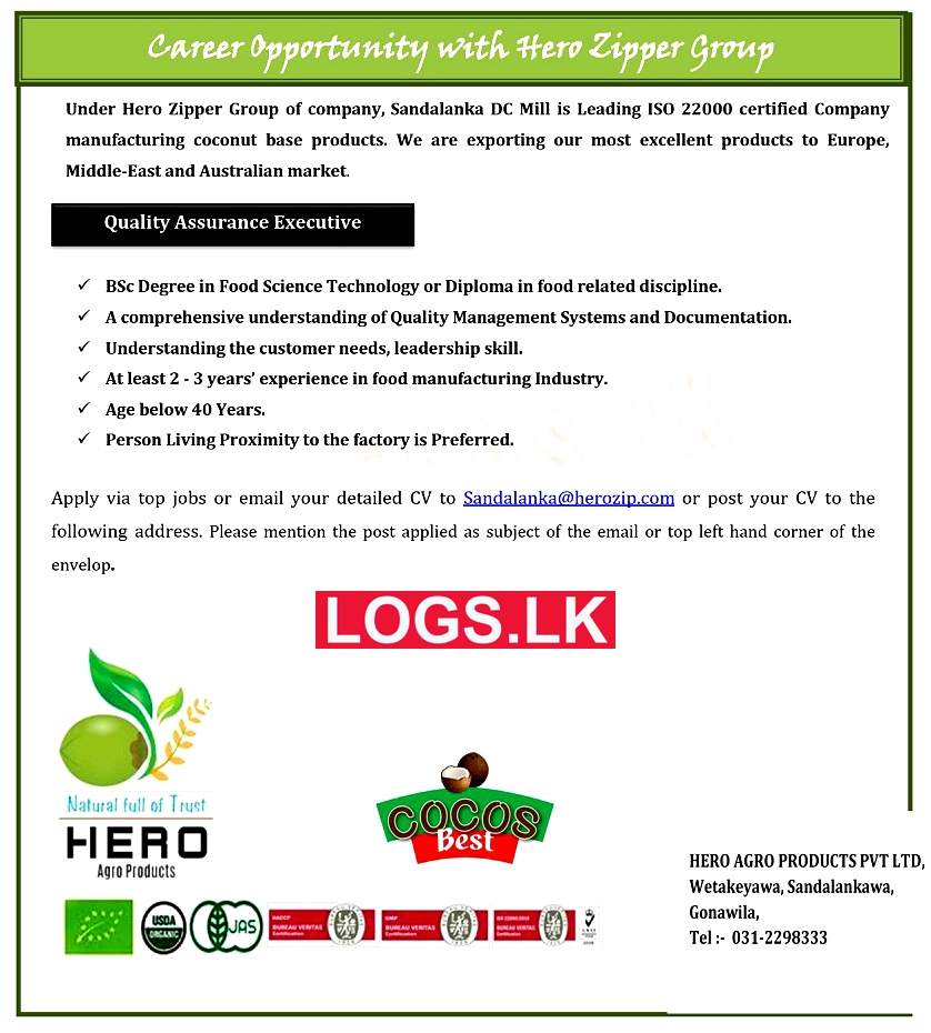 Quality Assurance Executive Vacancy at Hero Agro Products Job Vacancies