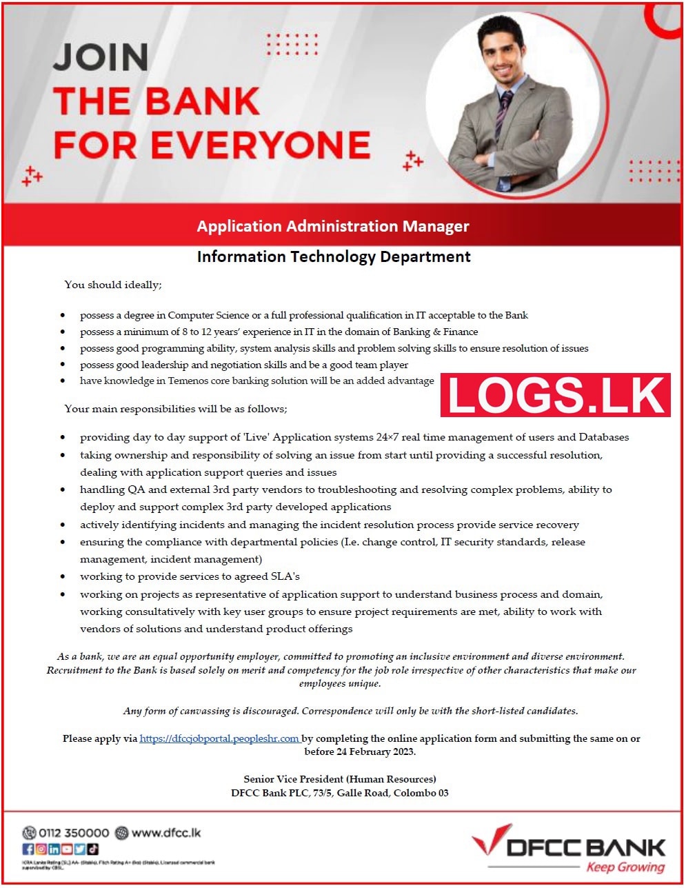 Application Administration Manager Vacancy at DFCC Bank Sri Lanka Job Apply Online