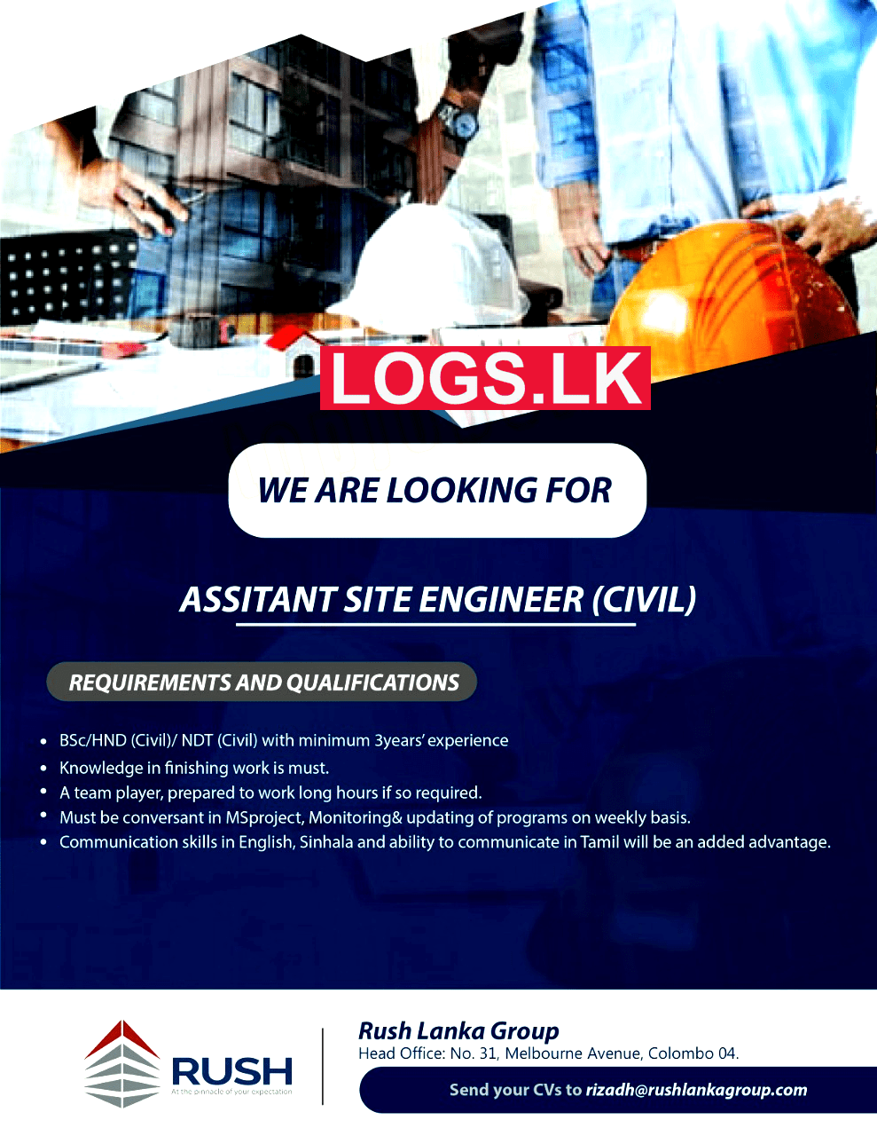 Assistant Site Engineer Job Vacancy at Rush Lanka Group Job Vacancies