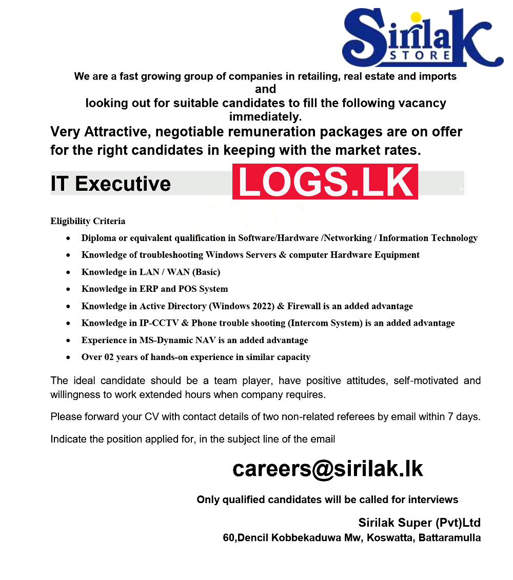 IT Executive Job Vacancy at Sirilak Super (Pvt) Ltd Sri Lanka Job Vacancies