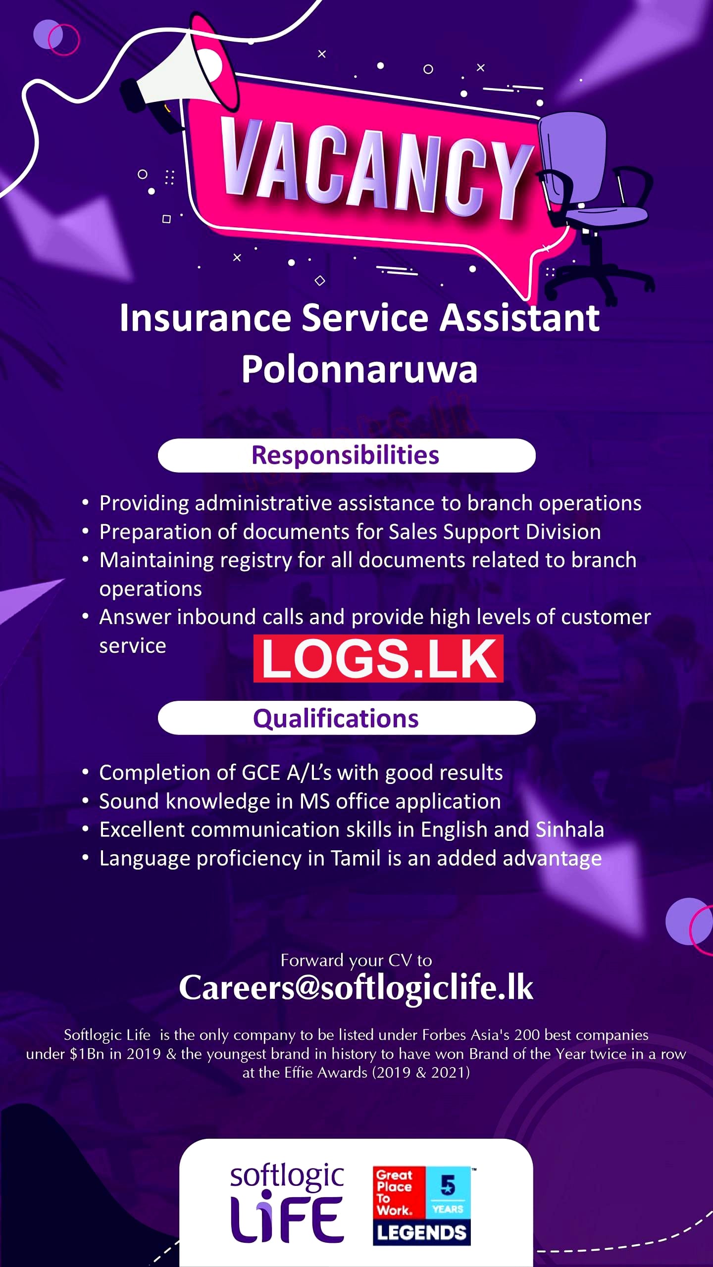 Insurance Service Assistant Vacancy at Polonnaruwa Softlogic Life Insurance Job Vacancies