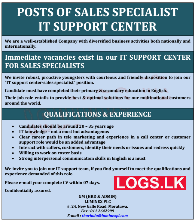 Sales Specialist Job Vacancies at Luminex PLC Sri Lanka Job Vacancies