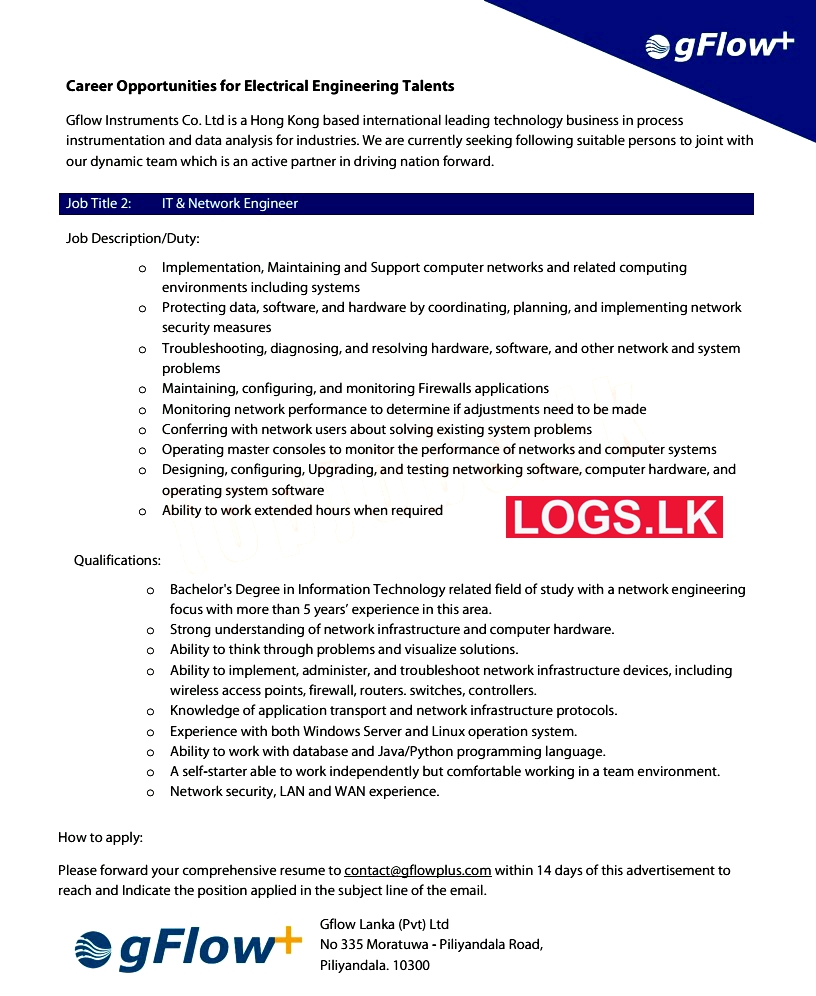 IT & Network Engineer Job Vacancy at Gflow Lanka (Pvt) Ltd Job Vacancies