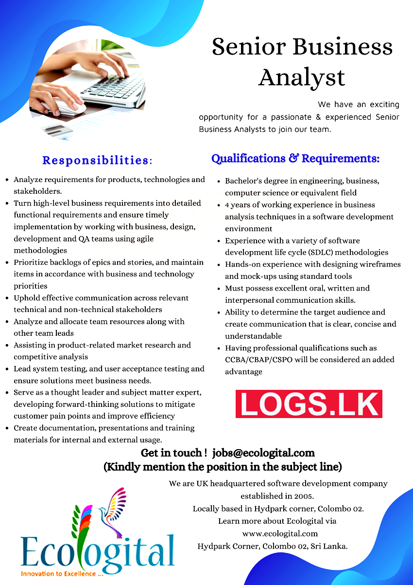 Senior Business Analyst Job Vacancy at Ecologital Jobs Sri Lanka Application