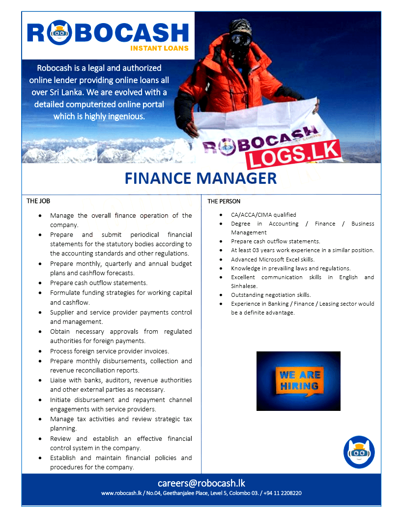Finance Manager Job Vacancy at Robocash Sri Lanka Job Vacancies