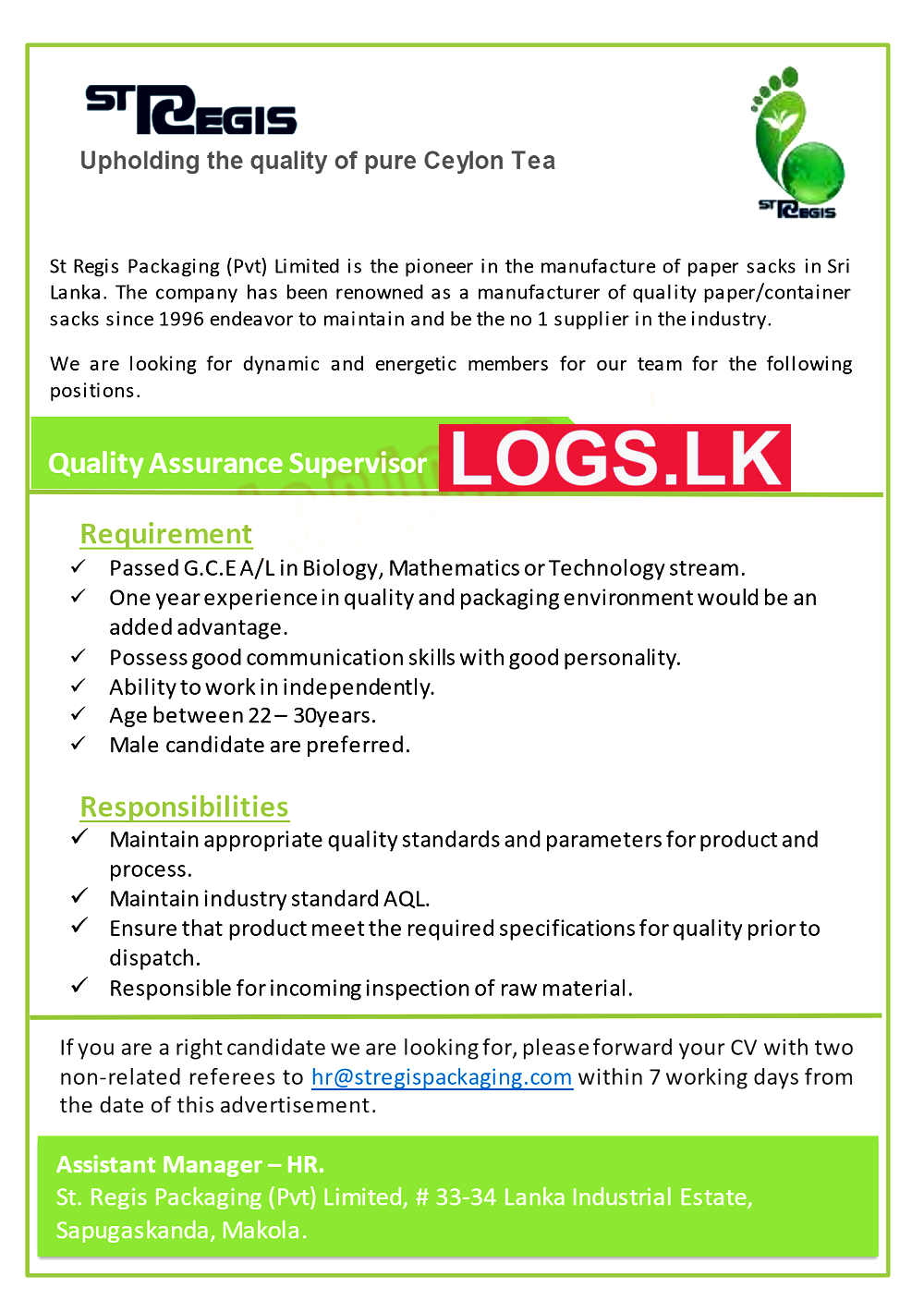 Quality Assurance Supervisor Job Vacancy at St Regis Packaging (Pvt) Ltd Sri Lanka