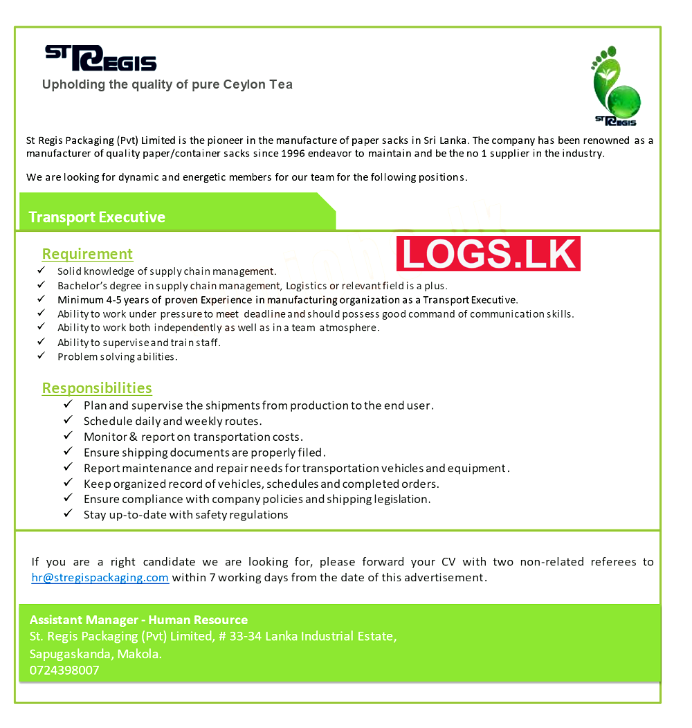 Transport Executive Job Vacancy at St Regis Packaging (Pvt) Ltd Sri Lanka Application