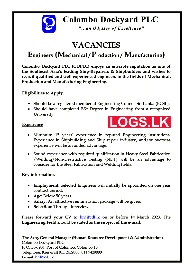 Engineers Job Vacancies at Colombo Dockyard PLC Sri Lanka Application, Details Download
