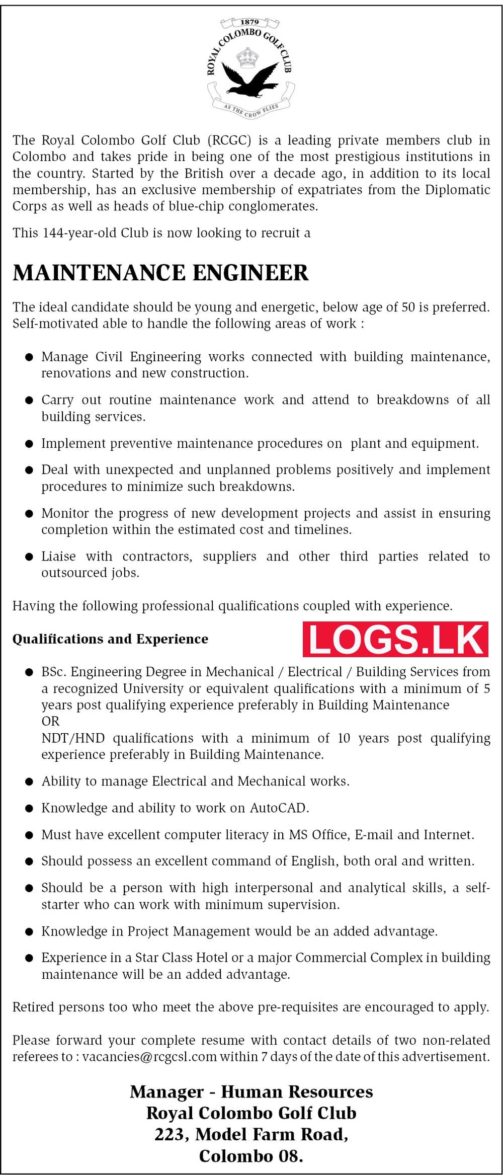 Maintenance Engineer Job Vacancy at Royal Colombo Golf Club Job Vacancies