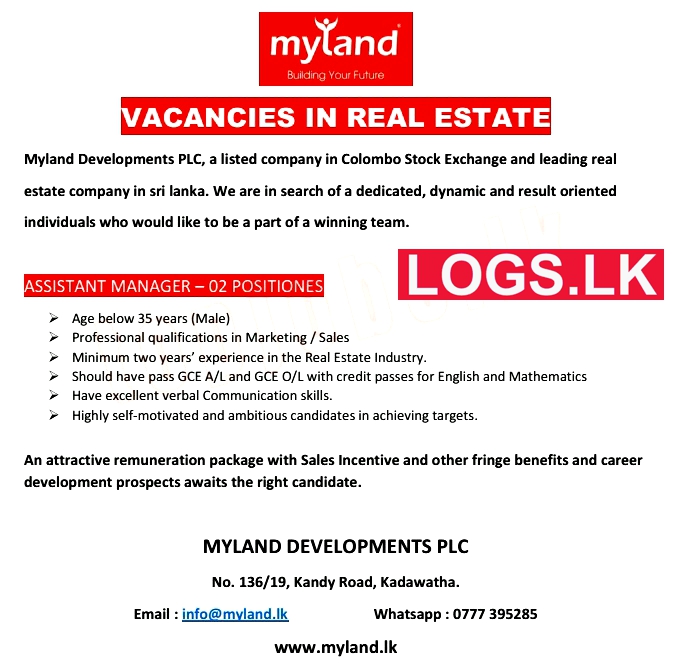 Assistant Manager Job Vacancy at Myland Developments PLC Job Vacancies