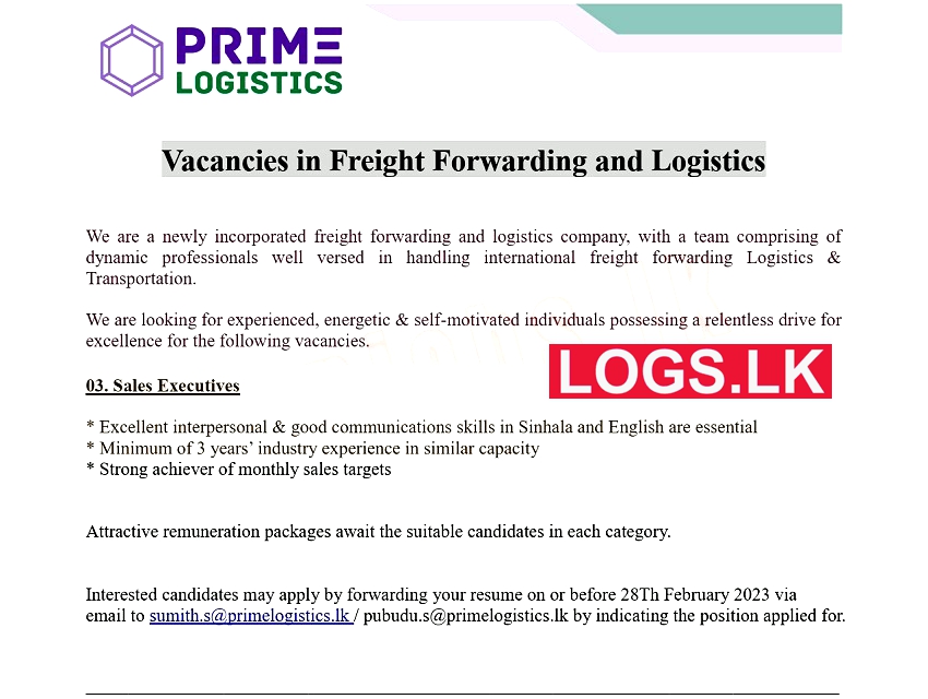 Customer Service Executive Vacancy at Prime Logistics (Pvt) Ltd Job Vacancies