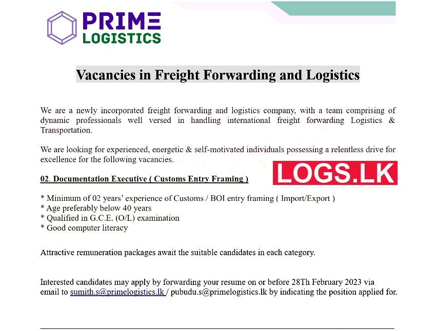 Documentation Executive Job Vacancy at Prime Logistics (Pvt) Ltd Job Vacancies