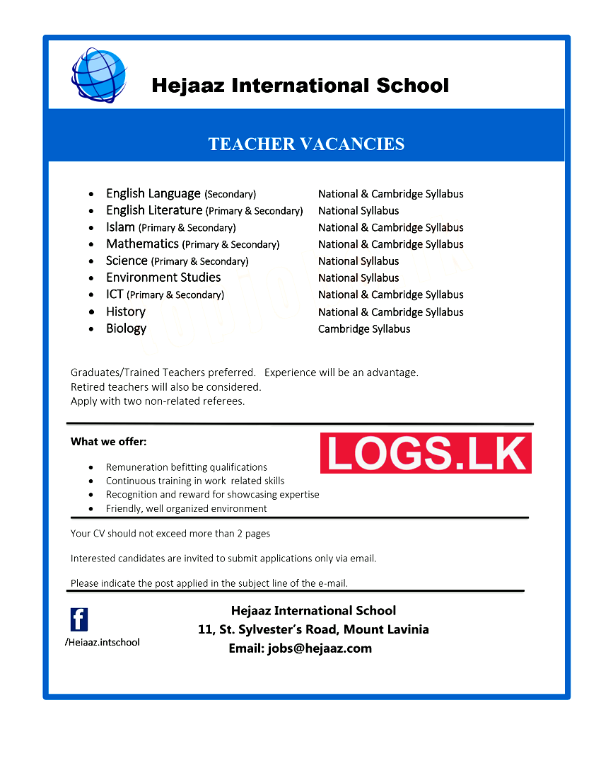 Teachers Job Vacancies at Hejaaz International School Sri Lanka Vacancies