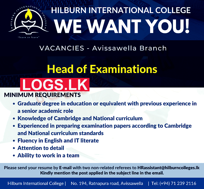 Head of Examinations Job Vacancy at Hilburn International College Sri Lanka