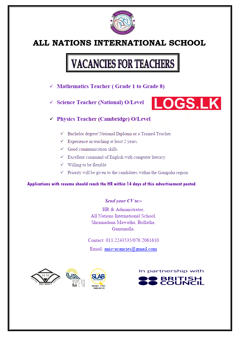 Teacher Job Vacancies at All Nations International School Sri Lanka Details, Application