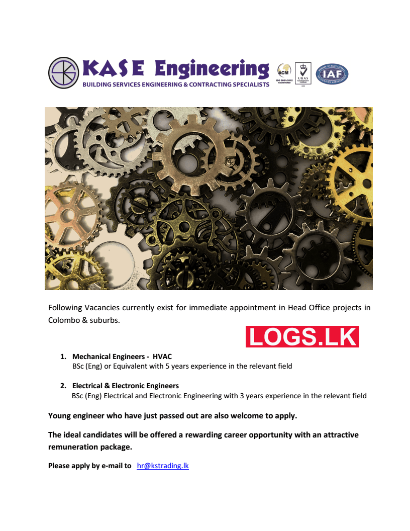 Engineers Job Vacancies at Kase Engineering Sri Lanka Application