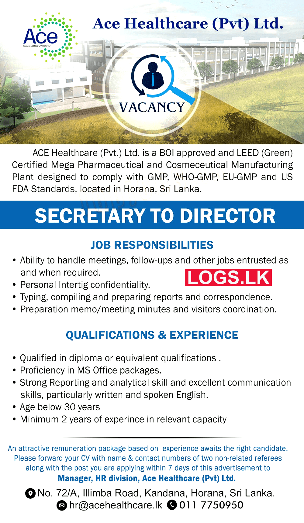 Secretary to Director Vacancy at Ace HealthCare (Pvt) Ltd Job Vacancies Application