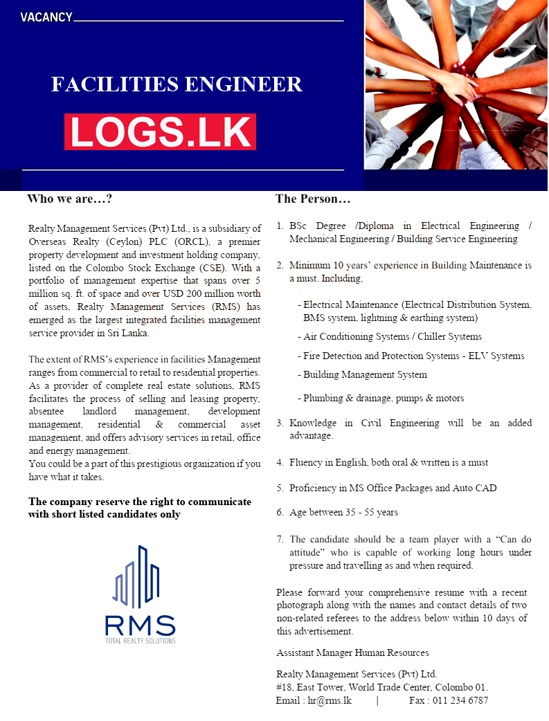 Facilities Engineer Job Vacancy at Realty Management Services Job Vacancies in Sri Lanka