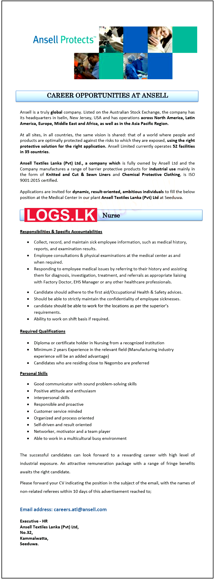 Nurse Job Vacancy at Ansell Textiles Lanka Job Vacancies Application, Details Download