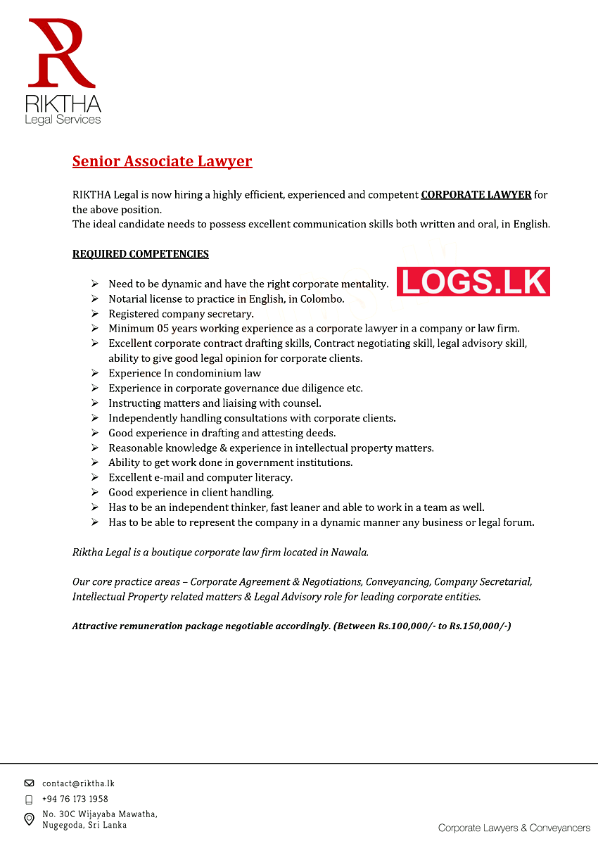 Senior Associate Lawyer Job Vacancy at Riktha Legal Services Job Vacancies