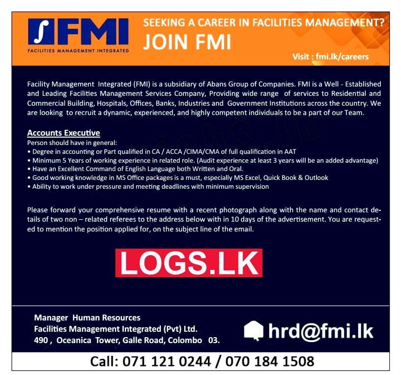 Accounts Executive Vacancy at Facilities Management Integrated Sri Lanka