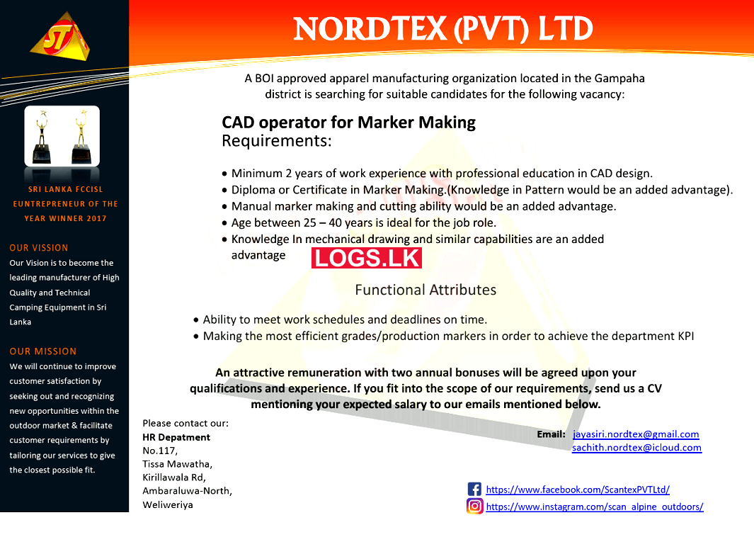 CAD Operator Job Vacancy at Nordtex (Pvt) Ltd Application, Details Download