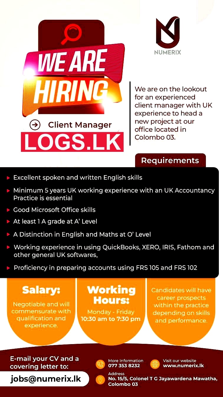 Client Manager Job Vacancy at Numerix (Pvt) Ltd Sri Lanka Application