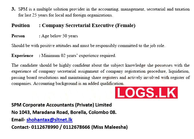 Company Secretarial Executive - SPM Tax & Management Consultants Job Vacancies
