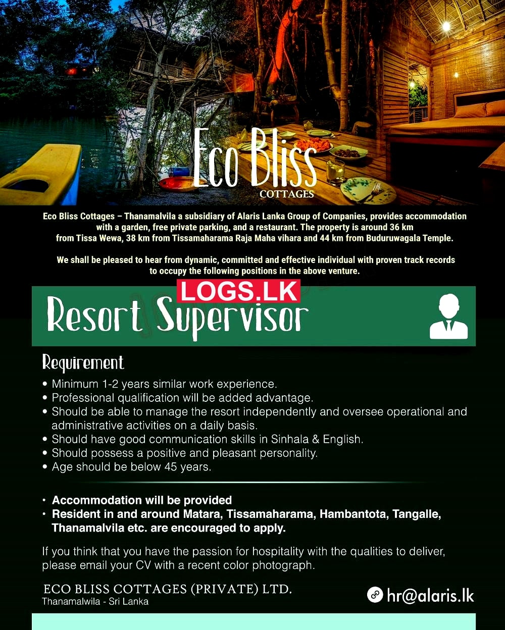 Resort Supervisor Job Vacancy at Eco Bliss Cottages (Pvt) Ltd Sri Lanka Application