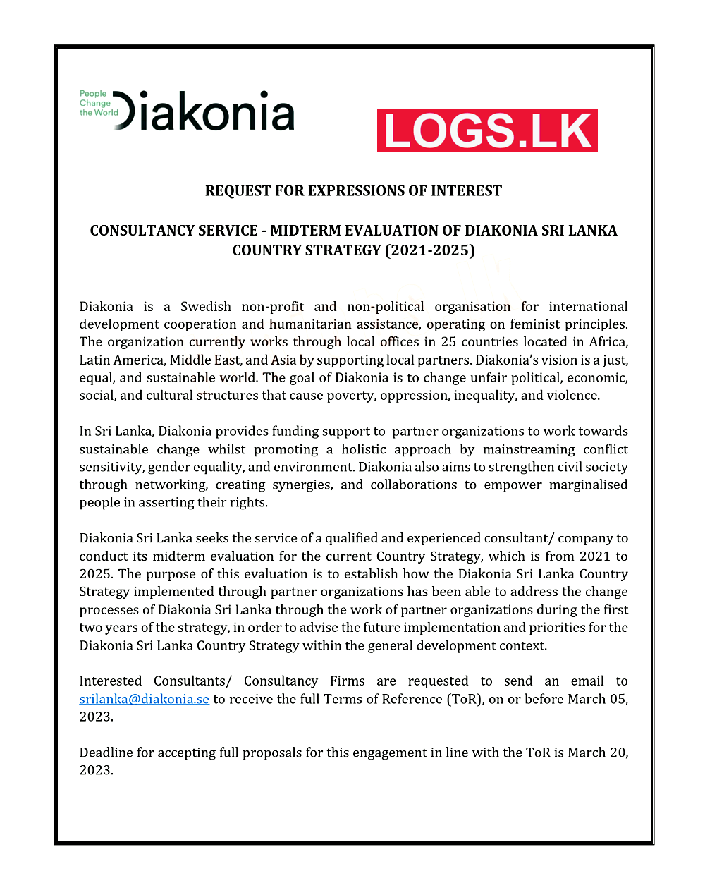 Consultants Job Vacancy at Diakonia Sri Lanka Application, Details Download
