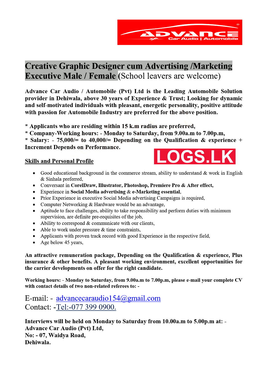 Creative Graphic Designer Job Vacancy at Advance Car Audio Job Vacancies in Sri Lanka