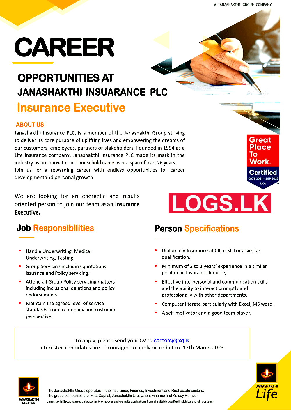 Insurance Executive Jobs in Janashakthi Insurance PLC Job Vacancies in Sri Lanka