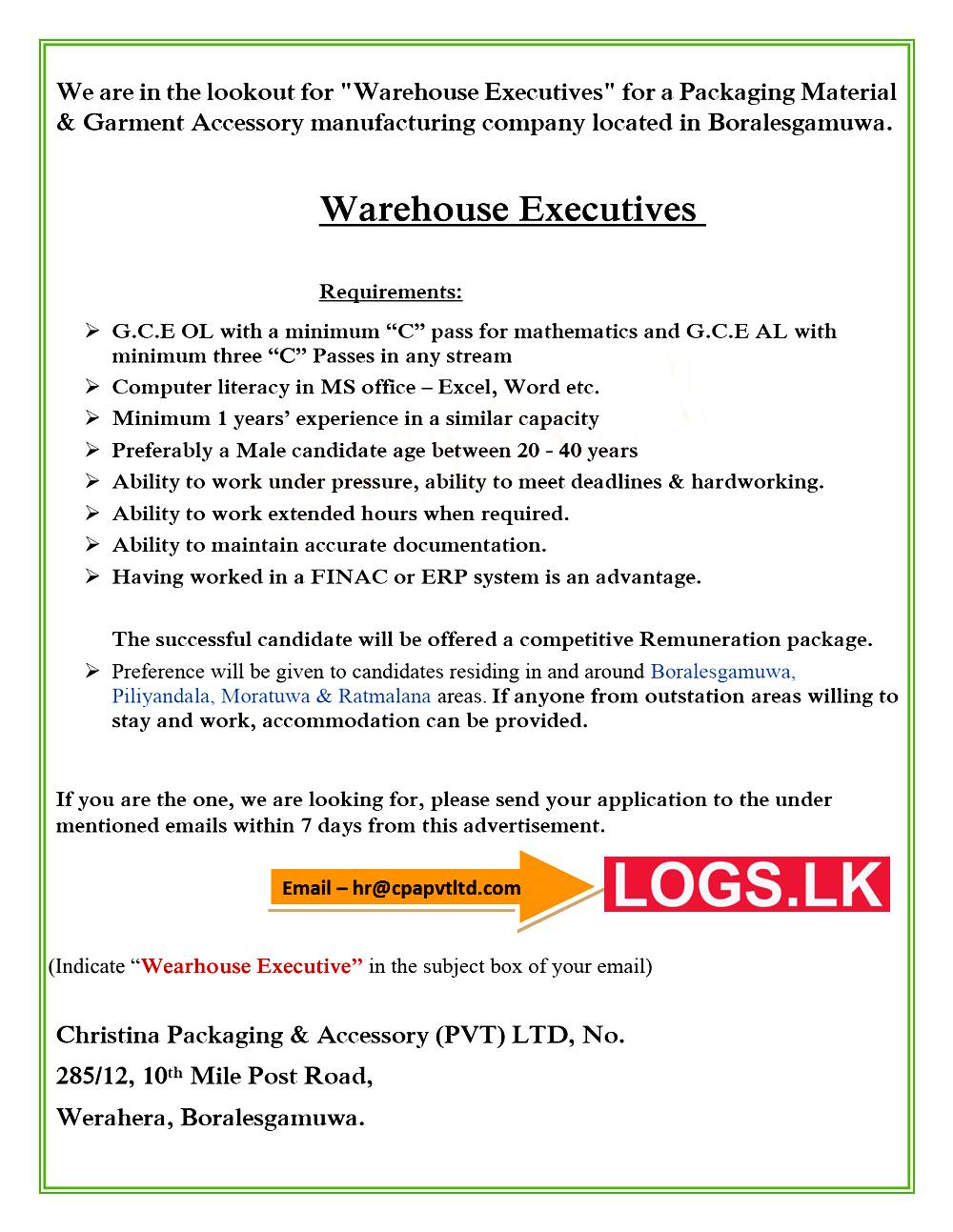 Warehouse Executives Vacancy at Christina Packaging & Accessory Job Vacancies