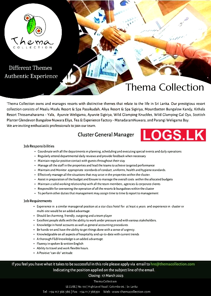Cluster General Manager Job Vacancy in Thema Collection Job Vacancies in Sri Lanka