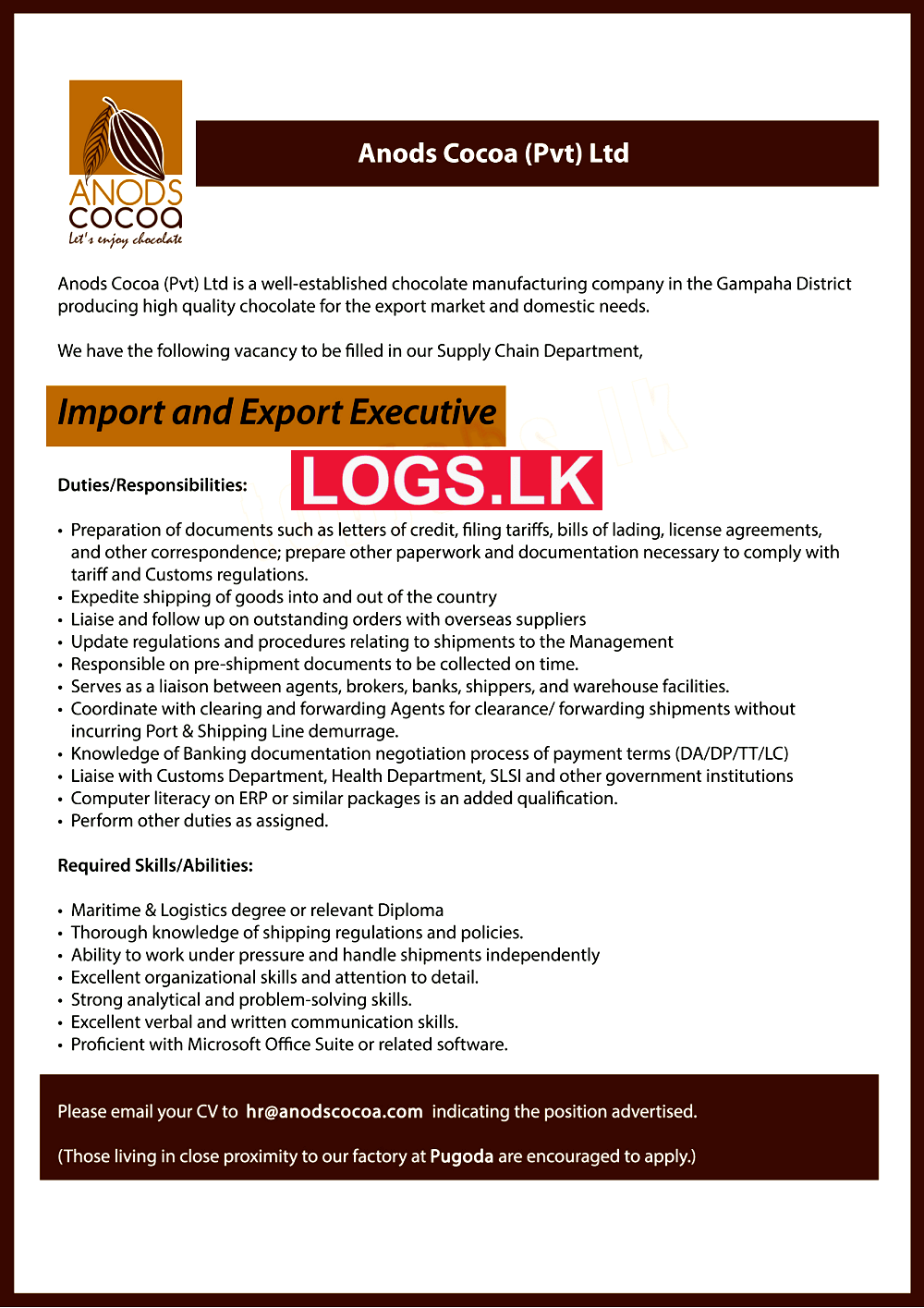 Import and Export Executive Vacancy in Anods Cocoa (Pvt) Ltd Sri Lanka Job Vacancies