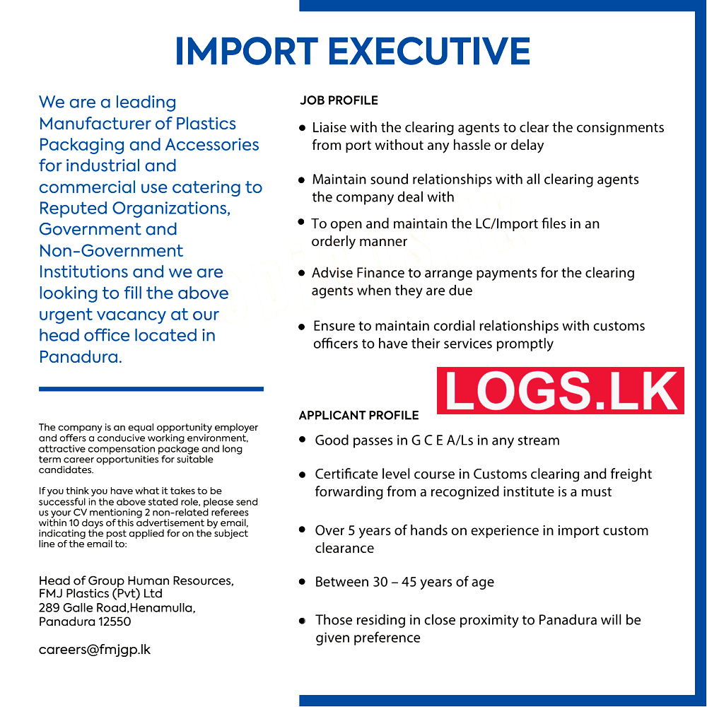 Imports Executive Job Vacancy at FMJ Plastics (Pvt) Ltd Sri Lanka Job Vacancies