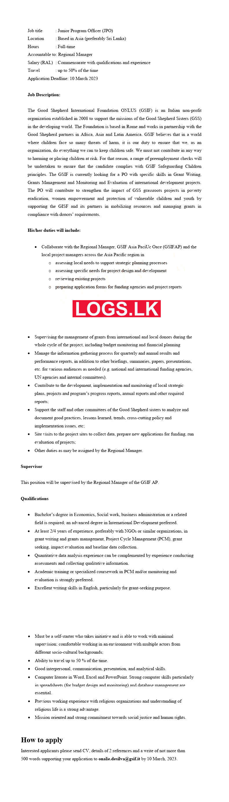 Junior Program Officer Job Vacancy at GSIF Sri Lanka Application, Details Download