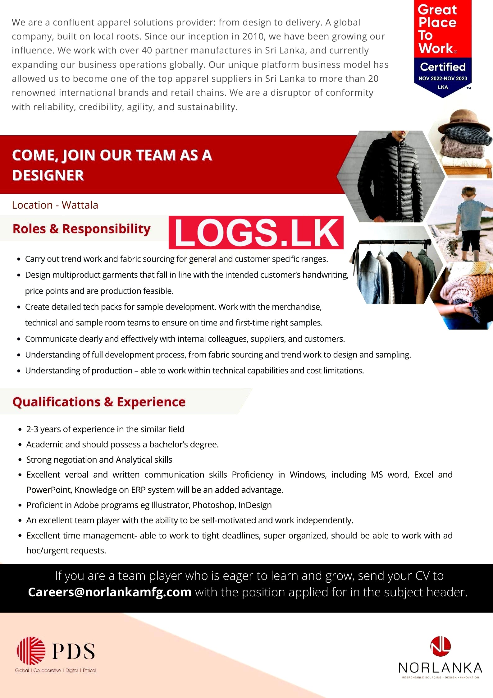 Designer Job Vacancy at NorLanka Manufacturing (Pvt) Ltd Job Vacancies